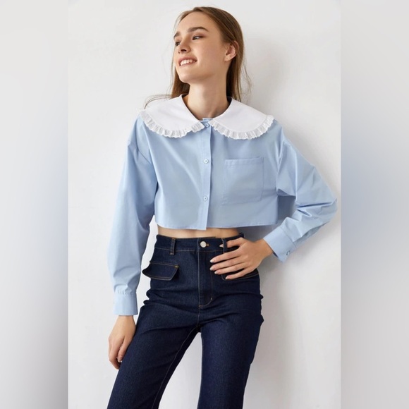 J.ING Blue with White Collar Button Down Long Sleeve Crop Shirt Top Size L NWT - Picture 10 of 10